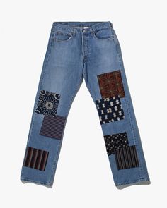 We are always thinking of new ways to showcase our fabric designs. These jeans are reimagined through Kiriko's Boro style. We used various vintage Japanese fabrics and patched them to this vintage denim. We also added stitching to the damaged parts which gives them unique character. This pair represents the true vintage fabric of East and West and creates a 'One-of-a-kind' piece. Patched in Portland, Oregon 5 button front 5 pocket style 100% Cotton Tagged size: N/A Product #: BD76 Code: NWS Meas Indigo Patchwork Denim Jeans, Vintage Blue Jeans With Patch Pockets, Indigo Patchwork Cotton Jeans, Vintage Blue Patchwork Jeans, Blue Vintage Patchwork Jeans, Vintage Dark Wash Patchwork Jeans, Retro Denim Blue Jeans With Patchwork, Fitted Vintage Jeans With Patchwork, Vintage Patchwork Denim Jeans