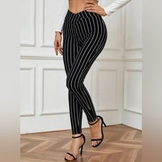 Shein Black Striped Pants High Stretch 95% Polyester 5% Elastane 624 Striped Fitted Pants For Night Out, Striped Stretch Bottoms For Night Out, Striped High Waist Bottoms For Fall, High Waist Striped Bottoms For Fall, Fall Striped High Waist Bottoms, Fitted Striped High-waisted Pants, Striped High-waist Fitted Bottoms, Fitted High Waist Striped Bottoms, Trendy Fitted Striped Bottoms