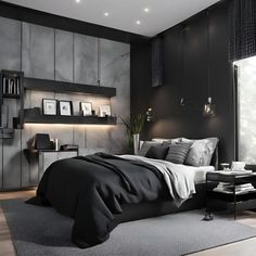 a modern bedroom with black and white decor