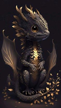 a black and gold dragon sitting on top of a pile of leaves in the dark