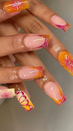 Carribean Acrylic Nails, Sunset Hibiscus Nails, Pink And Orange Hibiscus Nails, Aruba Nails, Summer Nails 2024 Hibiscus, Pink And Orange Hawaiian Nails, Urban Nails, Hawaii Nails, Polygel Nails