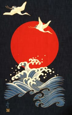 two birds flying over an ocean wave in front of a red sun with white waves