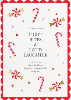 a red and white christmas party card with candy canes