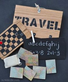 an assortment of travel themed items are displayed on a black surface with text that reads,'vintage travel games '