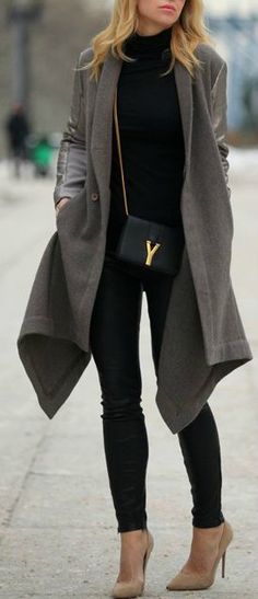 Grey and Black #winterweather #cozy #chic Brooklyn Blonde, Walking Down The Street, 2015 Trends, Moncler Jacket, Grey Coat, Cape Coat