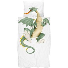 a bed with a green dragon on it