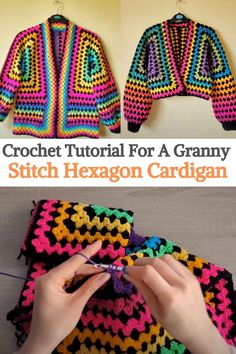 the crochet pattern for a granny hexagon cardigan is shown in three different colors