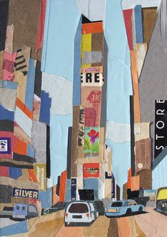 a collage of cars driving down a street next to tall buildings with torn paper on them