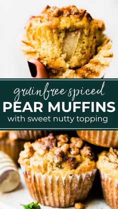 some muffins are stacked on top of each other with the words gum free spiced pear muffins