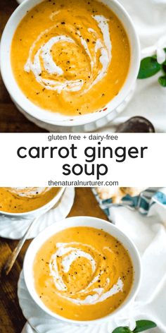 two white bowls filled with carrot ginger soup