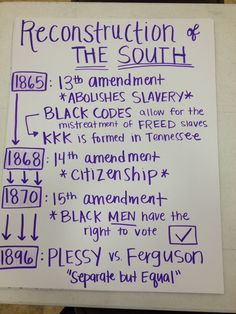 a white sign with purple writing on it that says reconstruction of the south and black code