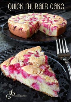 two black plates with slices of cake on them and the words quick, hubbab cake above it