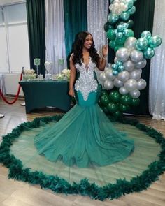 Charming Long V neck Sleeveless Tulle Beading Mermaid Prom Dress – BIZTUNNEL Green Mermaid Prom Dress, Gorgeous Prom Dresses, Most Beautiful Wedding, Most Beautiful Wedding Dresses, Mermaid Evening Gown, Senior Prom Dresses, Mermaid Prom Dress, Green Mermaid