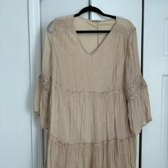 Lightweight A-Line Cotton Summer Dress, Casual, Light Brown / Tan Color With Eyelet Details. Never Worn Casual Beige Midi Dress With Lace Trim, Beige Tunic Dress For Brunch, Casual Beige Mini Dress With Lace Trim, Casual Tunic Dress With Lace Trim, Summer Dress Casual, Cotton Summer Dress, Cotton Dress Summer, Rose Dresses, Tan Color