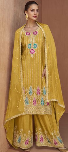 Yellow color Salwar Kameez in Silk fabric with Embroidered, Thread work Plazzo Suits, Salwar Suits Online, Palazzo Suit, Readymade Saree, Patiala Salwar, Shalwar Kameez, Clothing Websites, Churidar, Embroidery Work