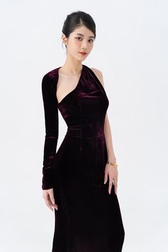 "This dress is made of MULBERRY silk velvet which is made of 60% silk and 40% rayon (there is NO velvet made of 100% silk for sure):  - The surface of the velvet fabric is a pile of thick fibers that are stacked closely together. These fibers are cut equally short, so the fabric has good light reflection, glossiness and creates many different color tones in the same fabric. When touching the surface of the fabric, it feels very smooth, soft, with good shedding.  - Velvet fabric is a soft, smooth, silky fabric that has a good ability to keep warm in the winter and cool in the summer. Silk Velvet Long Open Dress , Pure Silk Velvet Backless Dress, Velvet One Shoulder Dress, Open Back Dress, Asymmetrical One Sleeve Dress This dress will be an excellent gift for your daughter, wife, girlfriend, Evening One-shoulder Velvet Dress, One-shoulder Velvet Evening Dress, One Shoulder Velvet Evening Dress, Fitted Asymmetrical Dress For Banquet, Elegant One-shoulder Velvet Party Dress, One Shoulder Velvet Party Dress, Elegant Velvet One-shoulder Dress, One-shoulder Velvet Cocktail Dress, Fitted Velvet Midi Evening Dress