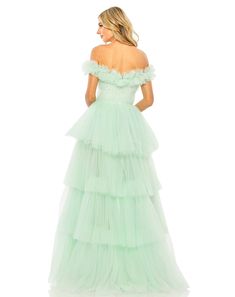 Mac Duggal Tulle Fabric (100% polyester) Fully lined Off the shoulder neckline Sleeveless Tiered high-low ruffle skirt Back zipper Approx. 62.5" from top of shoulder to bottom hem Available in Mint and Pink (Final Sale) Style #20570 pairs with Style #20586 Layered Prom Dress, Prom Event, Designer Formal Dresses, Tulle Material, Off Shoulder Gown, Prom Ball Gown, Long Prom Gowns, Bridal Bridesmaid Dresses, Tulle Gown