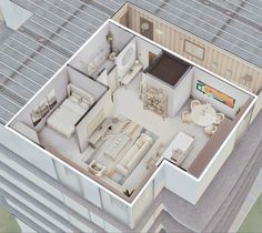 an aerial view of a two bedroom, one bath apartment on top of a building