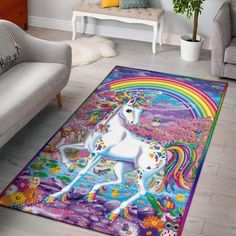 a rug with a unicorn on it in a living room