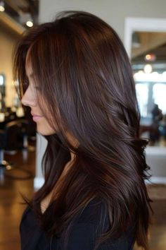 Colored Hair For Dark Brown Hair, Hair Color Ideas For Dark Brown Hair Balayage, Balayage Brunette Straight Hair, Mahogany Highlights On Dark Hair, All Over Brunette Hair Color, Dark Hair Colour Ideas, Warm Chocolate Brown Hair Rich Brunette, 2024 Hair Color Trends, Rich Dark Chocolate Brown Hair