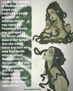 an image of a woman with her eyes closed and hands in her hair, next to the words medusa's story