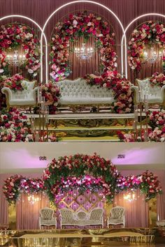 the wedding stage is decorated with flowers and chairs