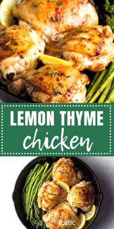 lemon thyme chicken with asparagus in a skillet