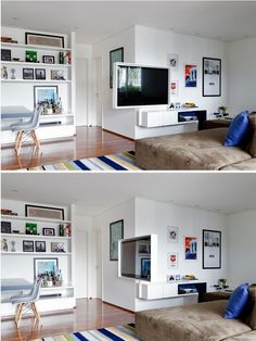 two pictures of a living room with white walls