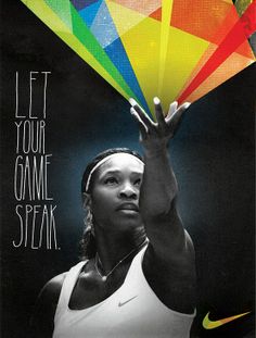 a tennis player holding her racket up in front of a poster with the words let your game speak