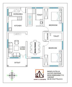 the floor plan for an apartment with two bedroom and living room, including a kitchen