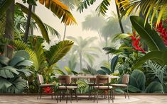 an image of a tropical jungle scene with palm trees and flowers on the wall mural