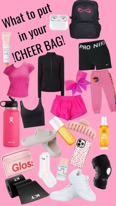 what to put in your cheer bag for the ladies's soccer team on pink background