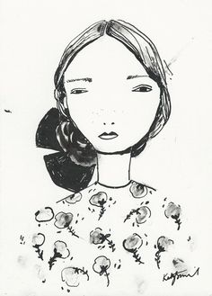 a black and white drawing of a woman's face with flowers in her hair