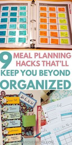 a binder with the words meal planning hacks that'll keep you beyond organized