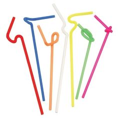 four different colored plastic straws with handles