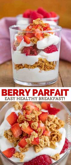 berry parfait in a glass bowl with yogurt and granola on top