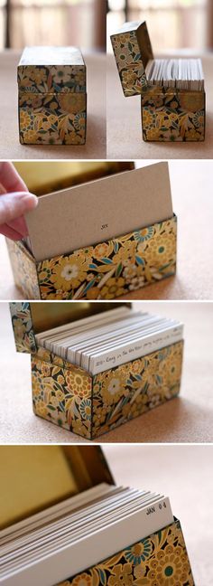 four different images of the inside of a box with flowers and leaves painted on it