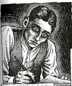 an ink drawing of a man sitting at a desk with a pen in his hand