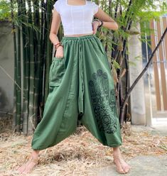 The harem style trousers made from cotton fabric 100%with an elasticated smock waist and ankles they provide a comfortable lightweight fit, perfect for casual wear, festivals, yoga, holidays as well as pairing with a plain top to get that popular look.   D I S C O U N T & P R O M O T I O N ❤ Buy 2 or more  items, get 10% off  ❤ Buy 4 or more  items, get 15% off        ENTER the coupon code: IYARA015 ❤ Buy 6 or more  items, get 15% off       ENTER the coupon code: IYARA020  PLEASE NOTE  I can not Green Pants Men, Bohemian Pants, Festival Pants, Hippie Clothes, Harem Pants Women, Style Trousers, Pants Green, Plain Tops, Green Pants