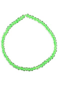 a green beaded necklace on a white background