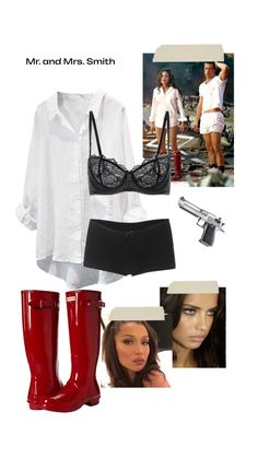 A collection comprising a white button-down shirt, black lingerie, shiny red boots, and a toy pistol, capturing the cinematic style of "Mr. and Mrs. Smith." Casual Halloween Outfits, Goddess Halloween Costume, Easy College Halloween Costumes, Cute Group Halloween Costumes, Mr And Mrs Smith, Classy Halloween Costumes, Hallowen Ideas, Trio Halloween Costumes