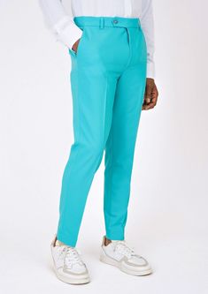 Be bold in our Aqua Blue Stretch Pants. Made with a stretch cotton fabric, these custom made pants will move with you and stand out wherever you go. Spring 4-way Stretch Tapered Leg Pants, 4-way Stretch Tapered Leg Spring Pants, Blue 4-way Stretch Bottoms For Spring, Spring Blue 4-way Stretch Bottoms, Blue Slim Fit Elastane Bottoms, Blue Straight Elastane Dress Pants, Blue Tailored Cotton Pants, Tailored Blue Cotton Pants, Fitted Blue Ankle-length Chinos