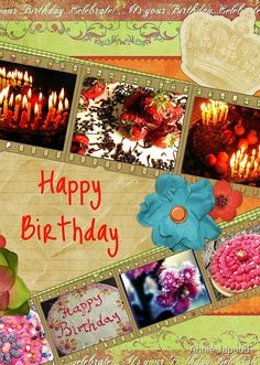 a birthday card with pictures of flowers and candles