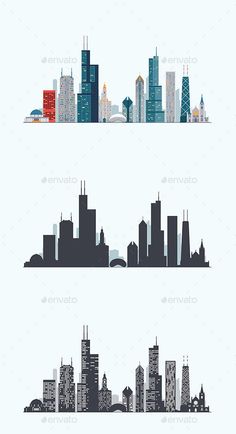 city skylines with buildings and skyscrapers in black and white colors - buildings objects