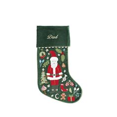 a green christmas stocking with santa claus on it and the words dad written in red