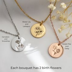 Birth Month Flower bouquet necklace, flower necklace, birth flower necklace, Bridesmaids Gift, bridesmaid bouquet, gift for friends BIRTH FLOWER NECKLACE: Flowers that will last forever. Disc Size: 16mm and 19mm diameter. Chain length: 40cm, 45cm, 50cm Our pieces are high polished gold plated over stainless steel. This won't tarnish. Available in rose gold plated over stainless steel; gold plated over stainless steel and plain stainless steel. Each bouquet has the two flowers representing its mo Dainty Flower Charm Necklace For Wedding, Flower Charm Necklaces For Wedding And Mother's Day, Flower Charm Necklace For Wedding, Wedding Charm Necklace With Flower Pendant, Rose Gold Flower Pendant Charm Necklace For Wedding, Delicate Birth Flower Charm Necklace For Wedding, Delicate Flower Charm Necklace For Bridesmaids, Minimalist Wedding Charm Necklace With Flower Charm, Minimalist Wedding Flower Charm Necklace