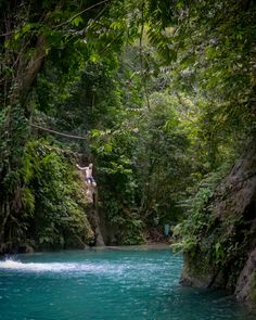 a man jumping off a cliff into a river in the middle of a jungle area