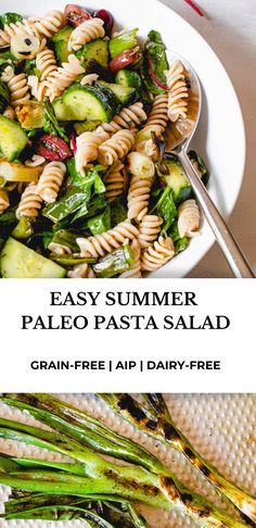 pasta salad with asparagus and spinach in a white bowl on a table