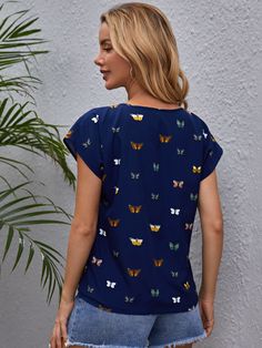 Navy Blue Casual  Short Sleeve Polyester Animal All Over Print Top  Non-Stretch Summer Women Tops, Blouses & Tee Butterfly Top, Trendy Fashion Women, Batwing Sleeve, Bat Wings, Butterfly Print, Women Tops, Print Top, Blue Fashion, Print Tops