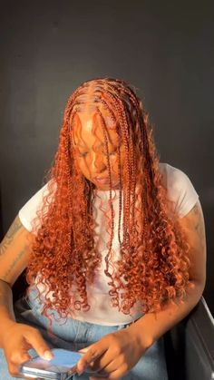 Check out 80 more gorgeous boho knotless braids hairstyles we’re currently loving featuring the best curly human hair to use and expert maintenance tips to keep your hair tangle free including this ginger medium length boho knotless braids look with curly ends. Ginger Hair With Braids, Large Ginger Knotless Braids, Ginger Boho Bob, Boho Braid Medium Length, Ginger And Pink Braids, Ginger Hair Black Women Braids, Ginger Braids Black Women, Ginger Boho Knotless, Ginger Boho Knotless Braids